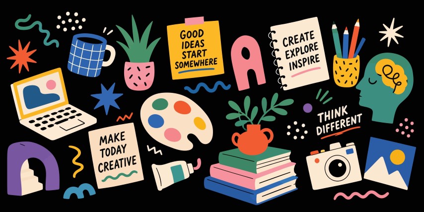 Creative work and productivity inspiration set.